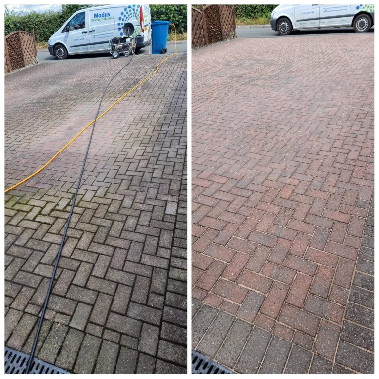 a before and after image of a red brick block driveway cleaned by Modus